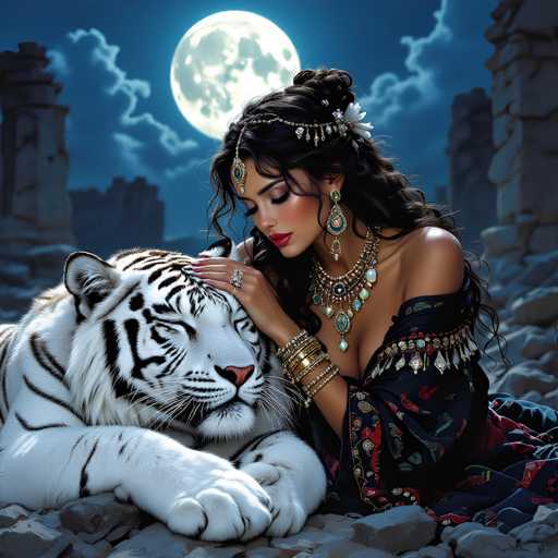 In this captivating nighttime scene, a woman with dark hair styled in an elegant updo adorned with a jeweled headband and a forehead ornament sits gracefully on a rocky surface. She wears a striking black dress with intricate red and green patterns, complemented by a matching necklace and earrings. Her right hand gently rests on the head of a majestic white tiger, which lies beside her with its eyes closed, exuding a sense of calm and trust. The backdrop features a dark blue sky illuminated by a full moon, casting a soft glow over the scene. Surrounding them are ancient stone ruins, adding a touch of mystery and historical depth to the setting. The woman's serene expression and the tranquil atmosphere create a mesmerizing tableau of beauty and harmony.