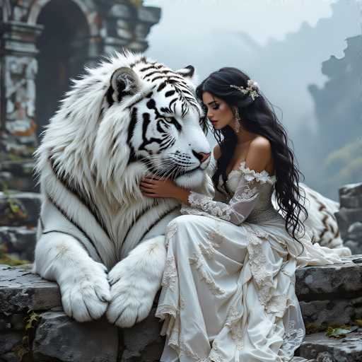In this captivating image, a woman with long, flowing black hair adorned with a silver barrette sits gracefully on a stone ledge. She is dressed in an elegant, white gown that features intricate lace details and a delicate lace choker. Her gown is sleeveless, with lace sleeves that extend to her elbows, adding a touch of sophistication to her ensemble. The woman's dark eyes are closed, and she wears long, dangling earrings that frame her face. Her expression is serene as she gazes down at a majestic white tiger beside her. The tiger, with its striking black stripes and piercing yellow eyes, rests its head on her lap, creating a moment of tender connection between the two. The background is a blur of gray, with indistinct shapes that could be trees or distant mountains, adding a sense of mystery and depth to the scene. The woman's other hand gently rests on the tiger's chest, completing this enchanting tableau of harmony between human and animal.