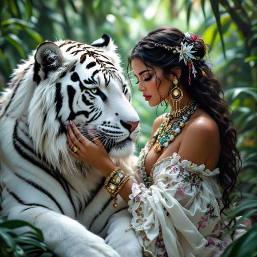 In this captivating image, a woman with long, dark hair adorned with a delicate flower sits gracefully beside a majestic white tiger. The woman, who appears to be of Indian descent, wears an elegant white dress with a floral pattern and a low-cut neckline, revealing a hint of cleavage. Her attire is complemented by an array of intricate jewelry, including a beaded necklace, a choker, and large, ornate earrings. Her right hand, adorned with a ring and a bracelet, gently cradles the chin of the tiger, showcasing her serene and composed demeanor. The tiger, with its striking green eyes and pink nose, gazes intently at the woman, creating a powerful and intimate connection between them. The background is a lush, green forest, adding to the natural and enchanting ambiance of the scene.