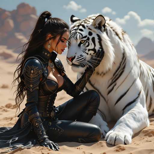 In this captivating image, a woman and a majestic white tiger share an intimate moment in a serene desert landscape. The woman, adorned in a sleek black leather bodysuit with intricate gold accents, sits gracefully on the sandy ground. Her long, flowing black hair is elegantly tied up in a ponytail, and she wears striking silver earrings that catch the light. Her eyes are closed, and her head is tilted slightly downward, exuding a sense of calm and connection with the tiger beside her.

The white tiger, with its striking black stripes, lies comfortably on the sand. Its piercing yellow eyes gaze directly at the woman, creating a powerful and evocative connection between them. The tiger's front paws are extended forward, adding to its relaxed yet regal posture.

The background features a clear blue sky dotted with fluffy white clouds, and the sandy terrain is interspersed with large, rugged brown rocks, enhancing the natural beauty of the scene. The woman's leather bodysuit includes a cape-like back that drapes elegantly behind her, completing her fierce yet graceful appearance. This image beautifully captures a moment of serene companionship between the woman and the tiger in their shared desert environment.