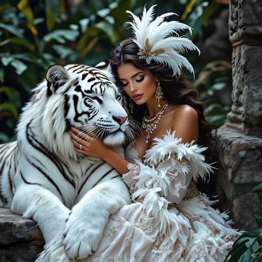 In this captivating image, a woman with long, dark hair adorned with a striking headdress of large white feathers is seen in an intimate embrace with a majestic white tiger. The woman, who appears to be of Hispanic descent, is dressed in an elegant white gown that features intricate gold accents and feathers, perfectly complementing the tiger's pristine fur. Her gown is form-fitting at the top, with flowing, feathered sleeves that add a touch of ethereal beauty to her ensemble. She accessorizes with a delicate necklace and dangling earrings, enhancing her regal appearance. Her nails are painted a soft pink, adding a subtle touch of femininity. The white tiger, with its distinctive black stripes, rests its head on her shoulder, creating a powerful yet tender scene. The background is lush with green foliage, and a stone pillar is visible to the right, adding a touch of ancient grandeur to the setting. The woman's eyes are closed, and she gazes downward, her expression one of serene connection with the magnificent creature.
