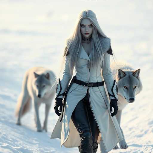 A striking image features a woman with long, flowing white hair that cascades down to her waist. She is dressed in a sleek white trench coat adorned with a fur collar, which adds a touch of elegance to her ensemble. Her outfit is completed with black leather pants and matching black gloves, creating a bold contrast against the white coat. The woman's piercing blue eyes and red lips stand out vividly, adding to her captivating appearance. She is positioned in the center of the frame, walking towards the viewer with a confident stride. Flanking her on both sides are two majestic gray wolves, their fur blending seamlessly with the snowy background. The wolves, with their piercing yellow eyes, appear to be her companions, adding an air of mystery and wild beauty to the scene. The overall composition of the image is both dramatic and serene, capturing a moment of powerful elegance in a winter landscape.