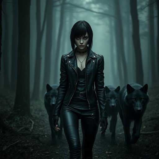 A woman wearing a black leather jacket and pants is walking through a forest with three black dogs following her.