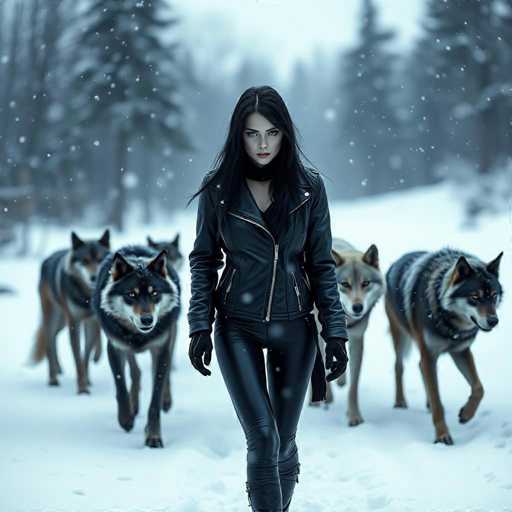 A striking photograph captures a woman confidently striding towards the camera, her long black hair cascading down to her chest. She is dressed in a sleek black leather jacket, zipped up to her chest, and matching black leather pants. Her ensemble is completed with black leather gloves, and she appears to be wearing boots, though the image cuts off at her ankles. The backdrop is a serene winter wonderland, with snow gently falling and blanketing the ground. Surrounding her are five majestic wolves, their attention focused on her. The wolves are predominantly black with white fur around their faces, and their legs are a mix of black and white. The background is a blur of snow-covered trees, adding depth to the scene. The woman's expression is serious, her gaze fixed directly on the camera, creating a powerful and captivating image.