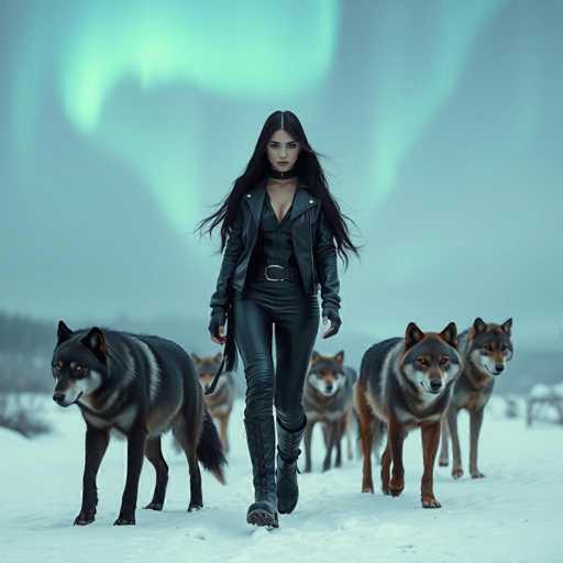 In this captivating image, a woman stands confidently in the center of a snowy landscape, surrounded by a pack of five wolves. She is dressed entirely in black, wearing a striking leather jacket, matching leather pants, and a black shirt. Her long, flowing black hair cascades down her back, and she dons a choker around her neck. The woman's outfit is accentuated by fingerless gloves and a belt with a prominent silver buckle. She gazes directly at the camera, exuding a sense of strength and mystery.

The wolves, with their dark fur and piercing eyes, are positioned around her, three to her left and two to her right. They appear alert and focused, adding to the scene's intensity. The background is a serene expanse of snow, with a faint outline of trees on the left side, blurred to keep the focus on the woman and the wolves. Above, the sky is a mesmerizing display of the aurora borealis, with swirling patterns of green and blue light dancing across the horizon. The overall composition creates a powerful and enchanting scene, blending the raw beauty of nature with the allure of the mysterious woman.