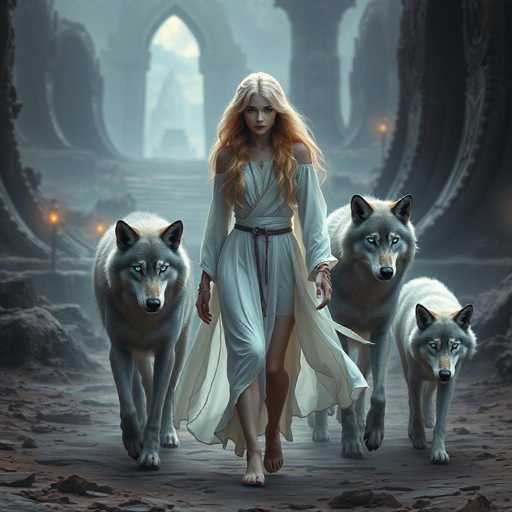 In this captivating fantasy illustration, a young woman with long, flowing blonde hair walks barefoot through a rugged, rocky terrain. She is adorned in a flowing white dress that elegantly drapes over her shoulders and features a brown belt cinched at her waist. The dress has a unique design with a high slit on the left side, revealing her leg. Her arms are adorned with multiple bracelets, adding a touch of mystique to her appearance. 

Flanking her on both sides are two majestic gray wolves, their piercing blue eyes fixed intently on the viewer. The wolf on her left is slightly smaller than the one on her right, creating a balanced yet dynamic composition. The woman's gaze is also directed straight at the viewer, her expression serene yet powerful.

The background reveals a grand, ancient structure with towering arches and steps leading up to a distant, fog-shrouded building. The scene is illuminated by a few scattered torches, casting a warm glow that contrasts with the cool, ethereal atmosphere. The ground beneath her feet is a mix of dirt and scattered rocks, adding to the raw, untamed feel of the environment. The overall composition evokes a sense of mystery and adventure, drawing the viewer into this enchanting world.