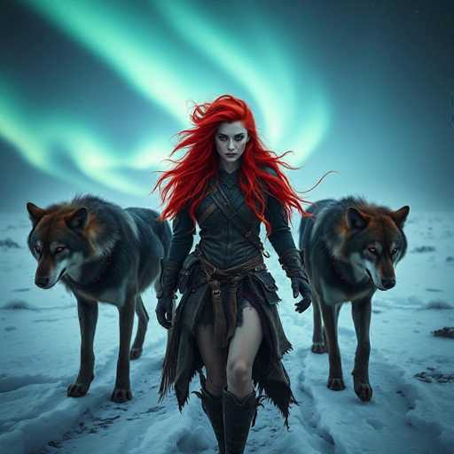 In this captivating image, a striking woman with long, flowing red hair stands confidently in a snowy landscape. Her hair cascades down to her waist, framing her face with a vibrant hue. She is dressed in a dark, long-sleeved top that extends to her wrists, paired with a skirt that reveals her legs. Her outfit is accentuated by knee-high boots that add a touch of ruggedness to her appearance. The woman's expression is serious, her gaze directed straight at the camera, exuding a sense of determination and strength.

Flanking her on both sides are two majestic gray wolves, their fur blending seamlessly with the wintry backdrop. The wolf on the left is positioned slightly behind her, while the one on the right stands a bit closer, its head turned towards the camera, adding a dynamic element to the scene. The snowy ground beneath them is dotted with footprints, hinting at recent activity.

Above, the sky is a mesmerizing canvas of blue, adorned with swirling patterns of white and light blue that resemble the ethereal dance of the northern lights. This celestial display casts a soft, otherworldly glow over the entire scene, enhancing the magical and serene atmosphere. The overall composition of the image is both enchanting and dramatic, capturing a moment of quiet power and natural beauty.