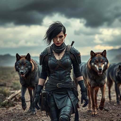 In this captivating image, a woman stands confidently in a rugged, outdoor setting, surrounded by a pack of wolves. She is dressed in a striking black leather outfit, complete with gloves, and her long black hair cascades over her right eye, adding to her fierce appearance. A gun is slung over her shoulder, and a knife is holstered at her side, indicating her readiness for action. The ground beneath her is a mix of dirt and scattered rocks, with patches of grass and a fallen tree trunk visible to her left. The sky above is overcast, with dark clouds looming overhead, creating a dramatic backdrop. The wolves, numbering at least three, stand alert behind her, their eyes fixed on the camera, adding an element of wild intensity to the scene. The woman's intense gaze and poised stance suggest she is prepared to face whatever challenges lie ahead, making this a powerful and dynamic image.