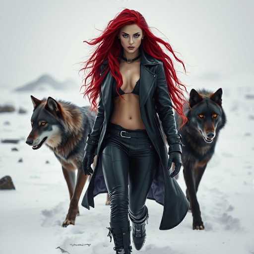 In this captivating image, a striking woman with long, flowing red hair commands attention as she walks towards the viewer. Her hair cascades down to her waist, framing her face and adding a dramatic flair to her appearance. She is dressed in a sleek black leather trench coat that is open, revealing a black bra and matching black leather pants. Her ensemble is completed with black boots and black gloves, exuding a bold and edgy style. Around her neck, she wears a choker, adding a touch of intensity to her look.

The woman's expression is serious, with her gaze fixed directly on the viewer, creating a sense of intensity and engagement. Flanking her on either side are two majestic wolves, their presence adding an element of wildness and mystery to the scene. The wolf on the left is looking off to the left, while the one on the right gazes intently at the viewer, mirroring the woman's stare.

The backdrop of the image is a stark, snowy landscape, with a gray sky overhead and distant mountains visible in the background. The snow crunches beneath the woman's feet, leaving a trail behind her, and her footprints are clearly visible in the pristine white snow. The overall composition of the image is both dramatic and serene, capturing a moment of powerful interaction between the woman and the viewer amidst a desolate yet beautiful winter setting.