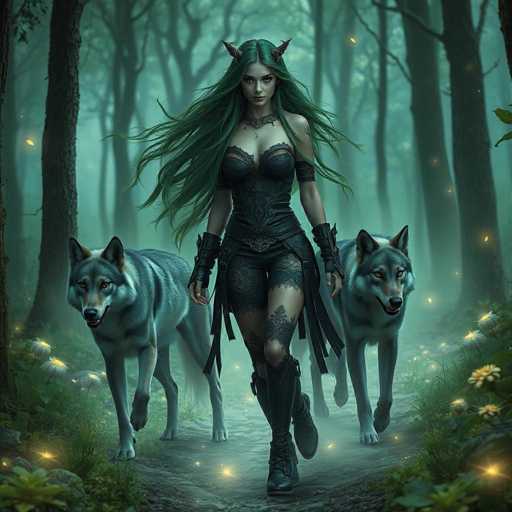 In this captivating fantasy illustration, a striking woman with long, flowing green hair and devilish horns stands at the center of a dense, mystical forest. She is adorned in a black corset-like outfit that accentuates her curves, complemented by black gloves, tights, and knee-high boots. Her ensemble is completed with a choker necklace, adding to her enchanting appearance. Flanking her on either side are two majestic gray wolves, their fur shimmering with a silvery hue. The forest around her is alive with magical elements, as golden lights and glowing fireflies float through the air, illuminating the scene with an ethereal glow. The ground beneath her feet is a mix of dirt and scattered flowers, enhancing the natural beauty of the setting. The overall atmosphere is one of mystery and enchantment, drawing viewers into this mesmerizing world.