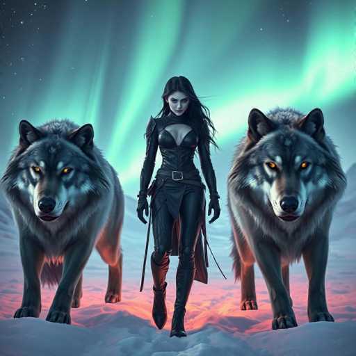 A woman dressed in black is standing on a snowy field with two gray wolves behind her and another gray wolf in front of her. The sky above them is filled with green hues from the Aurora Borealis (Northern Lights).