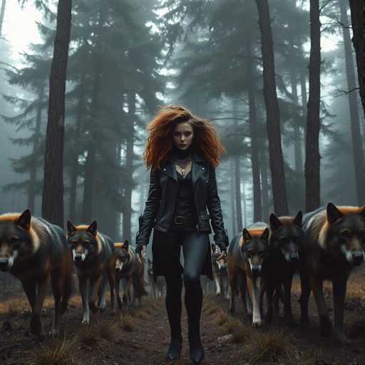 A woman with red hair and a black leather jacket is walking through a forest of tall trees on a dirt path. She is wearing black boots and carrying a large bag over her shoulder. The other three dogs accompanying her are also dressed in black clothing and have their own bags attached to them, suggesting they might be working animals or part of an organized team.
