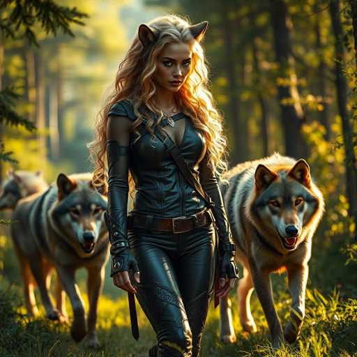 In this captivating image, a woman stands confidently in the midst of a dense forest, flanked by two majestic wolves. She is dressed in a sleek, black leather outfit that accentuates her striking figure. Her long, wavy blonde hair cascades down her back, and her ears are adorned with pointed, wolf-like accessories, giving her an air of mystique and power. The sunlight filters through the trees, casting a warm glow on her face and upper body, highlighting her intense gaze as she looks directly at the camera. The wolves beside her are equally imposing, with their sharp teeth and piercing eyes, adding to the scene's wild and untamed atmosphere. The overall composition exudes a sense of strength, freedom, and a deep connection to nature, making it a truly mesmerizing visual narrative.