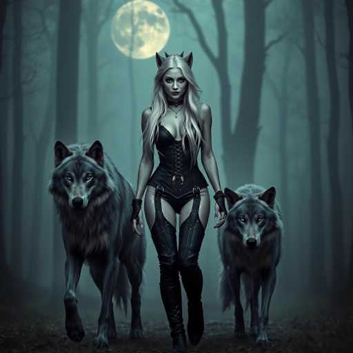 In this captivating image, a woman stands confidently in the midst of a dense forest, flanked by two majestic gray wolves. The scene is bathed in the ethereal light of a full moon, casting a mystical glow over the surroundings. The woman, with her long, flowing blonde hair, exudes an aura of power and mystery. She is adorned in a striking black corset that accentuates her figure, paired with thigh-high boots that add to her commanding presence. Her outfit is completed with fingerless gloves, and a choker necklace featuring a pendant that glimmers subtly in the moonlight. Adding to her enigmatic appearance, she wears cat-like ears on her head, blending human and feline features. The wolves beside her, with their piercing eyes and alert postures, seem to be her loyal guardians, enhancing the overall sense of magic and intrigue in the scene.