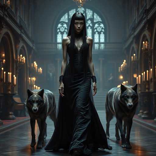 In this captivating image, a woman stands poised in the center of a grand, dimly-lit hallway, flanked by two majestic gray wolves. She is adorned in a striking black dress that features a deep V-neckline, revealing her shoulders and arms. The dress is form-fitting, accentuating her elegant figure, and extends into a flowing train that trails behind her. Her long, straight black hair cascades down her back, with bangs framing her face, and she gazes directly ahead with a serious expression.

The hallway itself is a marvel of architecture, with arched doorways lining both sides, each adorned with tall candelabras holding numerous lit candles. The floor is a rich brown, adding warmth to the scene. In the background, a large arched window with intricate stained glass panels casts a soft, ethereal light into the space. A staircase is visible behind the woman, leading to an upper level, and a balcony can be seen above. The overall ambiance is one of quiet grandeur, with the woman and her wolves as the focal point of this striking composition.