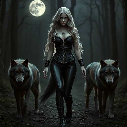 In this AI-generated image, a woman with long, wavy blonde hair stands in the center of a dark, eerie forest. She is dressed in a black leather corset with lacing up the front, paired with matching leather pants and knee-high boots. Her outfit is accentuated by a choker necklace and a pendant hanging from her neck. The woman's expression is stern, with her eyes looking directly at the viewer. Flanking her on either side are two wolves, their fur a mix of black, gray, and brown, with piercing yellow eyes. The forest around her is dense with tall, leafless trees, and the ground is scattered with leaves and twigs. The full moon, glowing brightly in the top left corner, casts an ethereal light over the scene, enhancing the mysterious and slightly sinister atmosphere.