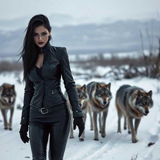 In this captivating winter scene, a striking woman stands confidently in the foreground, surrounded by a pack of majestic wolves. She is dressed in a sleek black leather jacket, paired with matching leather pants, and accessorized with black gloves. Her long, dark hair cascades down her shoulders, framing her face, which is adorned with bold red lipstick and dramatic black eye makeup. Her piercing gaze is directed straight at the camera, exuding an aura of strength and mystery.

Behind her, four gray wolves with black and brown fur stand alert, their ears perked up and tongues slightly visible. The snowy landscape stretches out beneath them, with a blurred backdrop of majestic mountains and sparse trees, adding depth to the image. The ground is blanketed in snow, with visible footprints leading towards the woman, suggesting recent activity. The overall composition creates a powerful and enchanting winter tableau, blending the raw beauty of nature with the allure of the human subject.