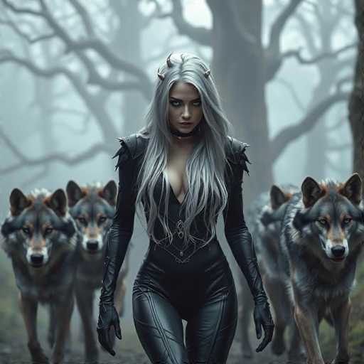A woman with long blonde hair and a black leather outfit is walking through the woods accompanied by three gray wolf dogs.