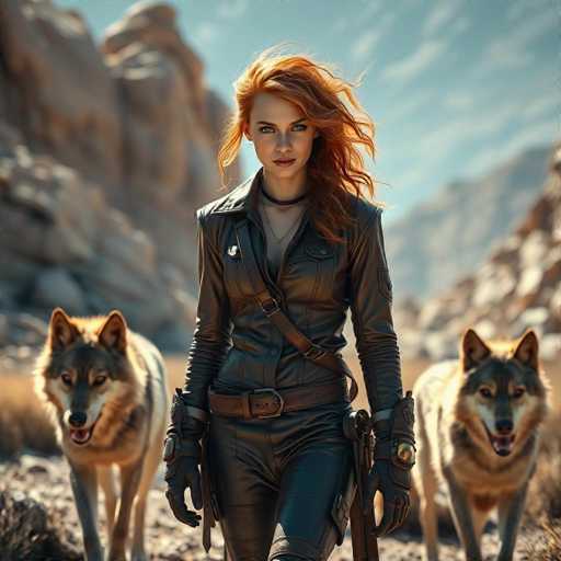 A striking, AI-generated image depicts a woman with flowing red hair, dressed in a sleek black leather jacket and matching pants. She stands confidently, gazing directly at the viewer, with a gun holstered on her right side. Flanking her are two majestic wolves, one on each side, adding to the scene's dramatic and intense atmosphere. The background features a rugged, rocky landscape under a clear blue sky, enhancing the overall sense of adventure and mystery.