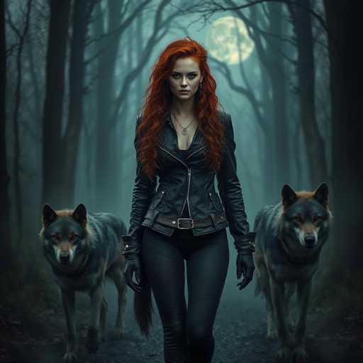 In this captivating image, a striking woman with long, flowing red hair stands confidently in the center of a dense forest. Her fiery locks cascade down to her chest, framing her face and drawing attention to her intense gaze. She is dressed in a sleek black leather jacket, paired with matching black leather pants, and accessorized with black leather gloves. A black belt cinches her waist, and a silver necklace adorns her neck, adding a touch of elegance to her edgy ensemble. Her expression is serious, and she looks directly at the camera, exuding a sense of strength and mystery.

Behind her, the forest is thick with tall, leafless trees, their bare branches reaching upwards. The ground beneath her feet is covered in a layer of gravel, adding to the rugged atmosphere. The scene is bathed in the soft, ethereal light of a full moon, which hangs prominently in the sky, casting a silvery glow over the entire setting. Flanking the woman on either side are two majestic wolves. These wolves have a striking appearance with black fur, accented by brown and white markings on their backs and around their noses. Their ears are perked up, and they too gaze intently at the camera, adding an element of wildness and companionship to the scene.

The overall composition creates a powerful and enchanting image, blending elements of nature, mystery, and strength in a visually stunning way.