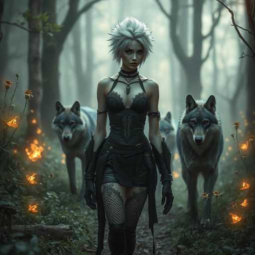 In this captivating image, a striking woman stands confidently in the midst of a dense forest, surrounded by four majestic wolves. She is dressed in an elaborate black outfit that accentuates her curves, featuring a corset-like top, a short skirt, and thigh-high boots. Her attire is complemented by fishnet stockings and long gloves that extend past her elbows. A choker adorns her neck, adding to her enigmatic allure. Her spiky white hair and intense gaze create a powerful presence, while her pale skin contrasts sharply with the dark ensemble. The wolves, with their gray fur and piercing eyes, stand protectively around her, adding an element of mystique to the scene. The forest around them is shrouded in a misty fog, with trees and glowing flowers scattered throughout, enhancing the otherworldly atmosphere. The woman's expression is one of determination, as she looks directly at the camera, embodying strength and mystery in this enchanting woodland tableau.