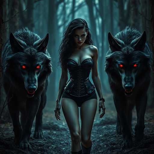 In this computer-generated image, a young woman with long, dark hair and a seductive look is walking through a dense, dark forest. She is wearing a tight, black corset-like outfit that accentuates her figure, paired with very short shorts. Her arms are bare, and she has a watch on her left wrist. Flanking her on either side are two menacing black wolves with glowing red eyes and bared teeth, their ears pointed and bodies covered in dark fur. The ground beneath them is strewn with dirt, leaves, and twigs, adding to the eerie atmosphere. The background is filled with tall, shadowy trees, creating a foreboding and mysterious setting.