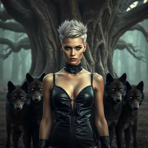 In this striking image, a woman stands confidently in front of a massive, ancient tree with sprawling branches that dominate the background. She is dressed in a sleek, black leather corset that features a daring front zipper, complemented by matching black leather gloves. Her short, spiky white hair contrasts sharply with her tanned skin and the dark attire. Behind her, four black wolves with piercing orange eyes and black noses add an air of mystique and power to the scene. The ground beneath them is a rich brown dirt, and the overall atmosphere is shrouded in a misty fog, giving the image a dark and ethereal quality. The woman's intense gaze is directed straight at the camera, creating a captivating focal point amidst the shadowy, foggy forest setting.