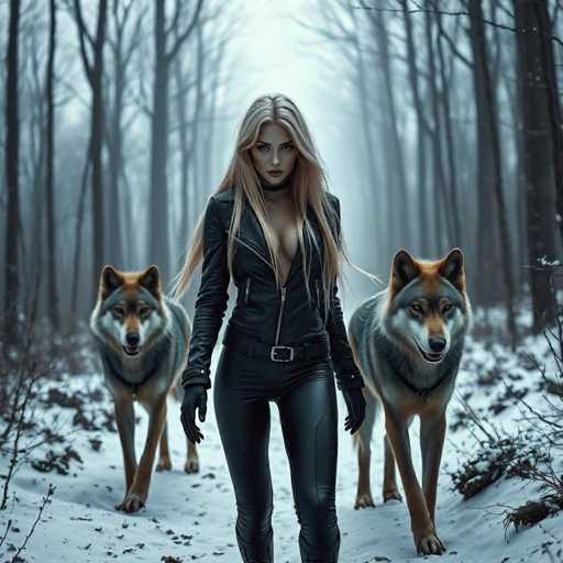 In this captivating winter scene, a woman stands confidently in the middle of a snow-covered forest, flanked by two majestic wolf-like dogs. The ground is blanketed in pristine white snow, with a few brown branches peeking through, adding a touch of earthy contrast to the wintry landscape. The background is a blur of bare trees, their branches reaching skyward, creating a serene and somewhat mysterious atmosphere.

The woman, with her long blonde hair cascading down to her waist, exudes a striking presence. She is dressed in a form-fitting black leather outfit that accentuates her figure. The ensemble includes a low-cut jacket, a choker around her neck, and matching leather pants. Her hands are adorned with black gloves, and she wears a belt with a prominent silver buckle. Her makeup is bold, featuring dark red lipstick and heavy eye makeup, with her eyebrows meticulously filled in. Her piercing blue eyes add an intense gaze to her already commanding appearance.

The two dogs beside her are a striking sight, with their gray and white fur, brown heads, and black noses. They stand alert and attentive, adding an element of wild beauty to the scene. The woman's direct gaze at the camera captures the viewer's attention, making her the focal point of this mesmerizing winter tableau.