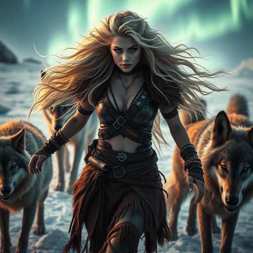 The image depicts a striking, computer-generated scene of a fierce, blonde-haired woman with piercing blue eyes, dressed in a revealing leather outfit. She stands confidently in a snowy landscape, her long hair flowing in the wind. The woman's attire includes a leather bra and a leather skirt, complemented by a black choker and a necklace with a pendant. Her ensemble is accentuated by leather straps crisscrossing her chest and a belt with a prominent buckle. She also wears a leather glove on one hand and bracelets on her other arm. Behind her, a pack of wolves with brown and white fur, some appearing to be gray, are visible, adding to the wild and untamed atmosphere of the scene. The background features a dark, gray sky with hints of green, possibly suggesting an aurora, and snow-covered mountains, enhancing the cold and dramatic setting.