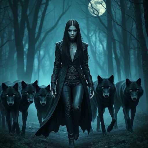 In this captivating image, a woman stands confidently in the midst of a dense forest, surrounded by four majestic black wolves. The scene is bathed in the ethereal light of a full moon, casting an otherworldly glow over the landscape. The woman, with her long black hair cascading down to her waist, exudes an aura of mystery and power. She is dressed in a striking ensemble consisting of a long black leather coat, fingerless gloves, a low-cut black leather top, and matching leather pants. A choker adorns her neck, adding to her enigmatic appearance. The wolves, positioned two on each side of her, are intently focused on her, their eyes gleaming with an almost supernatural intensity. The forest around them is shrouded in a thick fog, enhancing the mystical and eerie atmosphere of the scene.