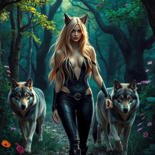 In this captivating fantasy illustration, a striking woman with long, flowing blonde hair and pointed ears reminiscent of a fox or wolf strides confidently through a dense forest. Her attire is a form-fitting, black leather bodysuit that daringly exposes her breasts and extends down to her thighs, accentuated by a prominent belt with a large buckle. The bodysuit features unique straps that wrap around her biceps and forearms, adding to her fierce and alluring appearance. Her nails are painted a vivid red, and her lips are adorned with bold red lipstick, enhancing her captivating look.

Flanking her on either side are two majestic wolves, their fur a blend of gray, black, and brown. The wolf on the left has its head lowered, while the one on the right looks directly at the viewer, creating a sense of balance and symmetry in the composition. The forest around them is lush with green trees, some adorned with pink flowers, and the ground is covered in a carpet of fallen leaves, adding to the enchanting and mystical atmosphere of the scene.