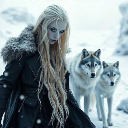 In this captivating image, a woman with long, flowing blonde hair stands in a serene, snowy landscape. Her hair cascades down to her waist, framing her face with a gentle elegance. She is dressed in a black leather coat adorned with a plush, gray fur collar that adds a touch of warmth and sophistication to her ensemble. Her striking blue eyes, accentuated by dark eyeliner, gaze downward, giving her a contemplative and introspective expression. Her lips are painted a soft pink, adding a subtle touch of color to her fair complexion.

In the background, two majestic gray wolves stand alert, their fur blending seamlessly with the wintry surroundings. The wolf on the left has its head slightly turned, while the one on the right looks directly at the camera, creating a sense of connection with the viewer. The snow-covered ground and the blurred, grayish sky enhance the cold, tranquil atmosphere of the scene. The woman's coat features a prominent silver zipper and a large pocket on the front, adding to its practical and stylish design. The overall composition of the image evokes a sense of mystery and winter beauty, drawing the viewer into the story it tells.
