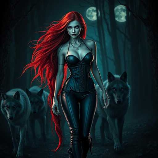 The image depicts a striking, computer-generated scene set in a dark, nighttime forest. At the center stands a woman with long, flowing red hair that cascades down to her knees. She has pale skin and piercing blue eyes, and she wears a black leather corset with lacing up the front, paired with matching leather pants. A silver necklace adorns her neck, and a bracelet graces her right arm. Her expression is serious, and she gazes directly at the viewer. 

Behind her, three wolves are visible. Two wolves are positioned to her left, while one stands to her right. The wolves appear to be gray and white, blending into the shadowy background. The forest is dense with tall, leafless trees, their dark silhouettes stark against the night sky. Two full moons hang in the sky, casting a dim light over the scene. The ground beneath her is covered in leaves, adding to the eerie, mystical atmosphere of the image.