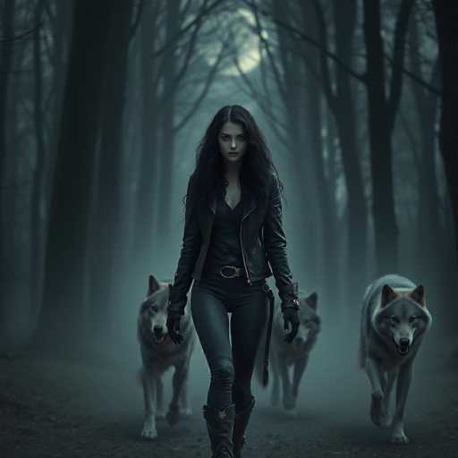 A woman is walking through a forest with two dogs on leashes. The woman is wearing black clothing and has long hair.