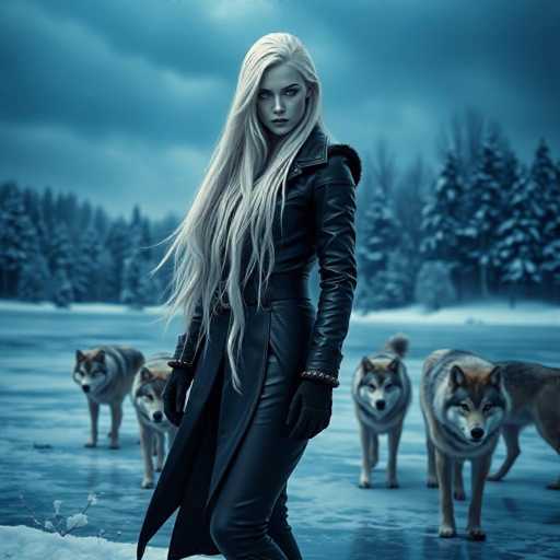 A captivating winter scene features a striking woman with long, flowing white hair, dressed in a sleek black leather trench coat and matching pants. She stands confidently on a frozen lake, her piercing blue eyes and black gloves adding to her enigmatic presence. Surrounding her are five majestic white wolves, their fur dusted with snow, with one wolf partially obscured behind her. The backdrop is a serene landscape of snow-covered pine trees, their branches heavy with fresh snow. The sky above is a moody blend of dark blue and gray clouds, with a faint light piercing through, casting a soft glow over the entire scene. The woman's coat is adorned with intricate details, including a fur-lined hood and a belt with a prominent buckle, completing her formidable and elegant appearance.