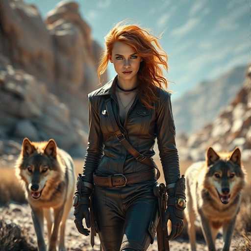 A woman with red hair and a leather jacket is walking through a desert landscape with two dogs on leashes.