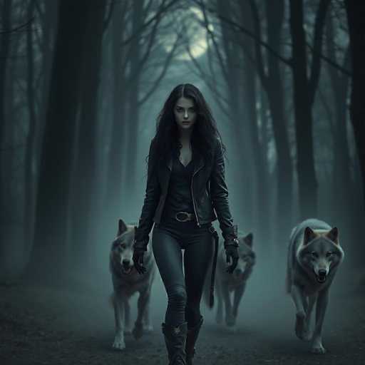 A captivating nighttime scene unfolds in a dense forest, where a full moon casts an ethereal glow over the landscape. The moonlight illuminates a dirt path that winds through the trees, creating a mystical atmosphere. At the center of the image stands a woman with long, dark hair cascading past her shoulders. She is dressed in a sleek black leather jacket, a black shirt, tight black pants, and knee-high black boots. Her intense gaze is directed straight at the camera, exuding a sense of determination and mystery.

Flanking her on either side are two majestic gray wolves, their fur highlighted by the moonlight. The wolf on the left has striking yellow eyes, while the one on the right boasts piercing blue eyes. Both wolves are intently focused on the woman, adding to the scene's enigmatic aura. The trees in the background are tall and bare, their branches reaching towards the sky, enhancing the eerie yet enchanting ambiance of this forest tableau.
