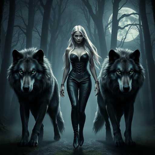 In this captivating image, a woman stands confidently between two majestic wolves, set against a dark, foggy forest backdrop. The scene is illuminated by a full moon, casting an ethereal glow over the landscape. The woman, with her long, flowing white hair, exudes an aura of mystery and power. She is dressed in a sleek, black leather corset that accentuates her figure, paired with matching leather pants and boots. Her arms are adorned with bracelets, adding a touch of elegance to her fierce appearance.

The two wolves flanking her are strikingly beautiful, with their sleek black fur and piercing green eyes. Their ears are perked up attentively, and their tails hang low, giving them an air of both grace and strength. The wolves' fur appears almost too perfect, suggesting they might be artificial creations, perhaps AI-generated or meticulously drawn.

The forest around them is dense and dark, with tall trees silhouetted against the night sky. The ground beneath their feet is a mix of dirt and sparse grass, adding to the wild, untamed atmosphere of the scene. The overall composition creates a powerful and enchanting tableau, blending elements of nature and fantasy in a visually stunning manner.