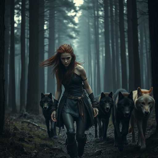 In this captivating image, a striking woman with long, flowing red hair stands confidently in the midst of a dense forest. She is dressed in a sleek black leather outfit, complete with matching boots and gloves, exuding an aura of strength and mystery. Surrounding her are four majestic wolves, three black and one gray, all intently focused on her. The wolves' attentive gaze suggests a deep bond and unwavering loyalty. The forest around them is shrouded in a thick fog, adding an ethereal quality to the scene. The ground beneath their feet is covered in lush green grass, interspersed with scattered branches and leaves, enhancing the wild and untamed atmosphere. The woman's intense expression and commanding presence create a powerful focal point, drawing the viewer into this enchanting and enigmatic moment.