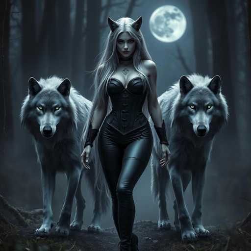 In this captivating black-and-white image, a striking woman stands confidently in the center, flanked by two majestic wolves. The woman, with her long, flowing white hair, exudes an aura of power and mystery. She is adorned in a sleek black corset that accentuates her figure, paired with tight black pants and matching boots. Her ensemble is completed with black wristbands, and a choker adorns her neck. A distinctive diamond-shaped pendant hangs from her chest, adding a touch of elegance to her fierce appearance. Her ears are adorned with cat-like accessories, enhancing her otherworldly allure.

To her left and right, two gray wolves stand alert, their piercing green eyes fixed directly on the viewer. The wolf on the left has its head slightly tilted downward, while the one on the right gazes upward with an intense stare. Both wolves have their ears perked up, contributing to their vigilant and mystical presence.

The backdrop features a dense forest of tall, slender trees, their branches reaching skyward. A full moon glows softly in the top right corner, casting a silvery light over the scene and adding to the ethereal atmosphere. The ground beneath the woman's feet is a dark, earthy brown, contrasting with the surrounding shadows and enhancing the dramatic effect of the image.