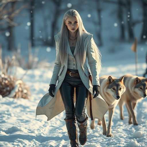 In this captivating image, a woman stands confidently in a snowy landscape, her long, flowing blonde hair cascading down to her waist. She is dressed in a striking ensemble featuring a white leather jacket, a white vest, and tight black leather pants. Her outfit is accentuated by a brown belt with a prominent buckle and knee-high black boots that add an edgy touch to her look. She accessorizes with black gloves and a delicate necklace, completing her stylish appearance.

Behind her, two majestic husky dogs stand alert, their fur a blend of white and gray. The dog on the left has its head turned towards the woman, while the one on the right gazes off to the side, adding a sense of intrigue to the scene. The background is a serene winter wonderland, with snow gently falling and blanketing the ground. Bare trees, their branches stark against the white sky, frame the scene, enhancing the cold, tranquil atmosphere. The overall composition exudes a sense of adventure and mystery, drawing the viewer into this wintry tableau.