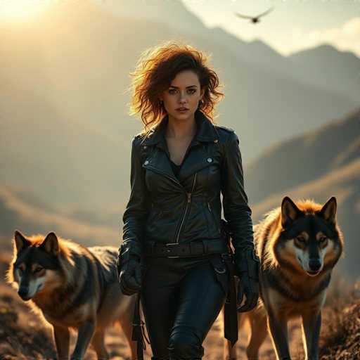 A striking photograph captures a woman clad in a sleek black leather jacket and matching pants, exuding an aura of confidence and mystery. Her long, wavy brown hair cascades down, framing her face and partially obscuring her right ear. She gazes directly at the camera with a serious expression, her lips slightly parted to reveal her top teeth. Her hands are encased in black leather gloves, adding to her edgy appearance. A black belt cinches her waist, and a gun holster is visible on her left side, hinting at a readiness for action.

Flanking her on both sides are two majestic husky dogs, their fur a blend of black, brown, and white. The dog on her left is positioned slightly further back, while the one on her right stands closer to the camera, its intense gaze fixed directly on the lens. The background is a blurred tapestry of brown and gray hues, suggesting a rugged, possibly mountainous terrain. The sun casts a warm glow from the top left corner, illuminating the scene and adding a dramatic effect. In the top right corner, a bird is captured in mid-flight, its wings fully extended, adding a dynamic element to the composition.