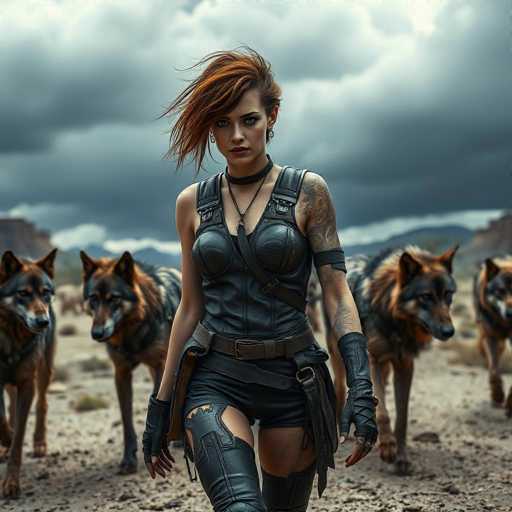 A woman with red hair and tattoos is standing in a desert landscape, facing the camera while holding a gun. Behind her, three dogs of varying colors - brown, black, and white - stand alert on all fours.