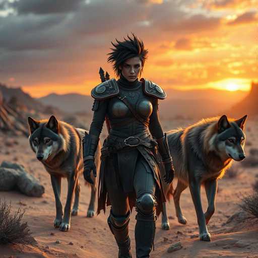 In this captivating image, a fierce female warrior stands poised in a rugged, desert-like landscape. She is clad in intricate black leather armor that accentuates her muscular build, with a chest plate that leaves her shoulders and arms bare. Her attire includes a skirt-like garment and a prominent belt with a large buckle, from which various straps and pouches dangle. She wears knee pads and black boots, with her forearms protected by leather bracers. Her short, spiky black hair adds to her formidable appearance.

Behind her, two majestic wolf-like dogs stand alert, their fur a mix of black, gray, and white. The dog on the left is gazing directly at the viewer, while the one on the right looks off to the side. The ground beneath them is a sandy expanse dotted with rocks and sparse vegetation, including some bushes in the bottom corners of the image.

The sky above is a dramatic blend of dark gray clouds and vibrant orange hues, with the sun setting on the right side of the frame. The scene is bathed in a warm, orange glow, enhancing the warrior's striking silhouette and the overall atmosphere of strength and solitude.