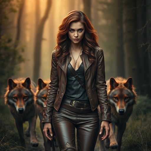 A woman with long red hair and a leather jacket is standing in the center of a forest, holding a bag over her shoulder as she faces three wolves on either side of her.