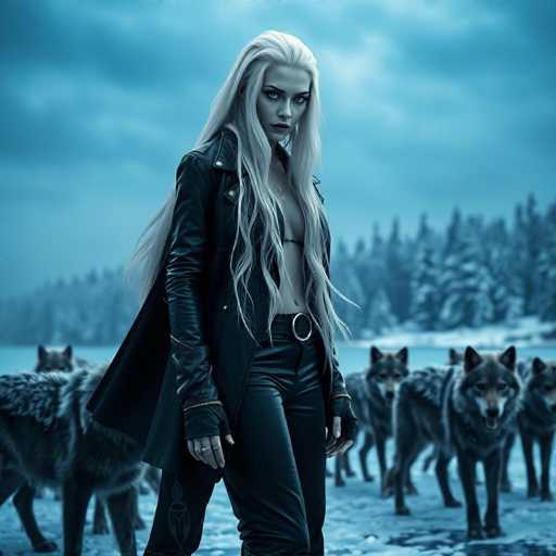 In this captivating image, a striking woman stands at the center, exuding an aura of mystery and allure. She has long, flowing white hair that cascades down to her waist, framing her face with a delicate touch. Her piercing blue eyes and dark, arched eyebrows add to her enigmatic expression. She is dressed in a sleek black leather jacket that is open, revealing a glimpse of her chest adorned with a subtle black line. Her outfit is completed with matching black leather pants, accentuated by a prominent silver belt buckle. She wears black fingerless gloves, adding a touch of edginess to her ensemble. Her lips are painted a deep red, contrasting beautifully with her pale complexion.

Surrounding her are several majestic gray wolves, their fur a blend of dark and light gray. The wolves are positioned on either side of her, with some to her left and others to her right, creating a sense of balance and symmetry in the composition. The ground beneath her is covered in pristine white snow, adding to the wintry atmosphere of the scene.

In the background, a dense forest of tall, snow-covered trees stretches out, their branches heavy with the white blanket. The sky above is a somber gray, with darker clouds gathering on the left side, hinting at an impending storm. This moody backdrop enhances the overall mysterious and slightly ominous tone of the image, making the woman appear as though she is a powerful figure in a fantastical, wintry realm.