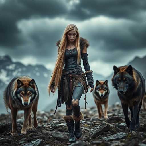 A striking, AI-generated image features a woman with long blonde hair cascading down to her waist, walking towards the viewer. She is dressed in a dark gray leather top and matching pants, complemented by knee-high boots adorned with fur trim at the top. The woman's face is notably distorted, with an unnaturally wide nose and asymmetrical eyes—one eye appears to be looking directly at the viewer while the other is slightly averted. Her left arm is covered by a long sleeve, and her right arm is bare. She wears a necklace with a pendant that dangles between her breasts. Flanking her on both sides are two wolves, their fur a blend of black, brown, and gray. The background is a rugged, rocky terrain under a dark, cloudy sky, with distant mountains faintly visible. The overall composition creates a surreal and somewhat eerie atmosphere.