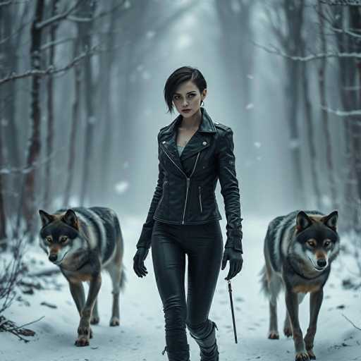 A woman is walking through a snowy forest with two dogs on leashes. The woman is wearing a black leather jacket and pants, and she has her hair styled in an updo. She carries a wicker basket over her shoulder as she walks along the path.