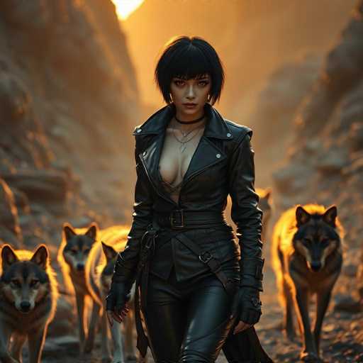In this captivating image, a woman stands confidently in a rugged, rocky terrain, surrounded by towering mountains. She is dressed in a striking black leather outfit, complete with a jacket that features a high collar and long sleeves. The jacket is open at the front, revealing a low-cut top that accentuates her cleavage. She pairs this with matching black leather pants and fingerless gloves that extend to her elbows. A black belt cinches her waist, and a strap crosses her body diagonally, adding to her edgy appearance. Around her neck, she wears a choker and a pendant necklace, while her short black hair frames her face, which is adorned with lipstick. Her expression is serious, and she gazes directly at the camera. Behind her, a pack of wolves can be seen, with three clearly visible and another partially obscured by her figure. The scene is bathed in a warm, golden light, suggesting the sun is setting, casting a dramatic glow over the landscape.