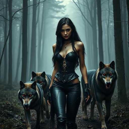 In this captivating image, a woman stands confidently in the midst of a dense forest, flanked by three wolves. She is dressed in a striking black leather outfit, complete with a corset that accentuates her figure and fingerless gloves that add to her fierce demeanor. Her long, dark hair cascades down her shoulders, framing her face, which is adorned with a choker and a necklace. The woman's intense gaze is directed straight at the camera, exuding a powerful presence.

The three wolves beside her are predominantly black with brown accents on their backs and around their faces. Their eyes glow a menacing red, matching the color of their noses, and their mouths are slightly open, revealing sharp teeth. The wolves are positioned with one on the left, one on the right, and one slightly behind the woman, all facing forward.

The forest around them is thick with tall trees, their branches bare and stretching upwards. The ground is covered in a carpet of fallen leaves, adding to the autumnal or wintry atmosphere. The scene is shrouded in a misty fog, which enhances the mysterious and enchanting ambiance of the image.